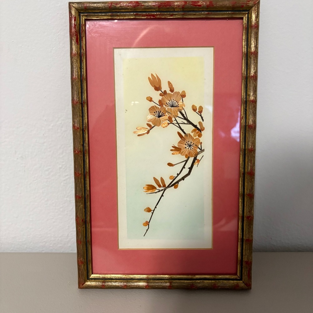 Framed Artwork Chinese Wheat Straw Cherry‎ Blossom Branch Print Coral Mat Gold